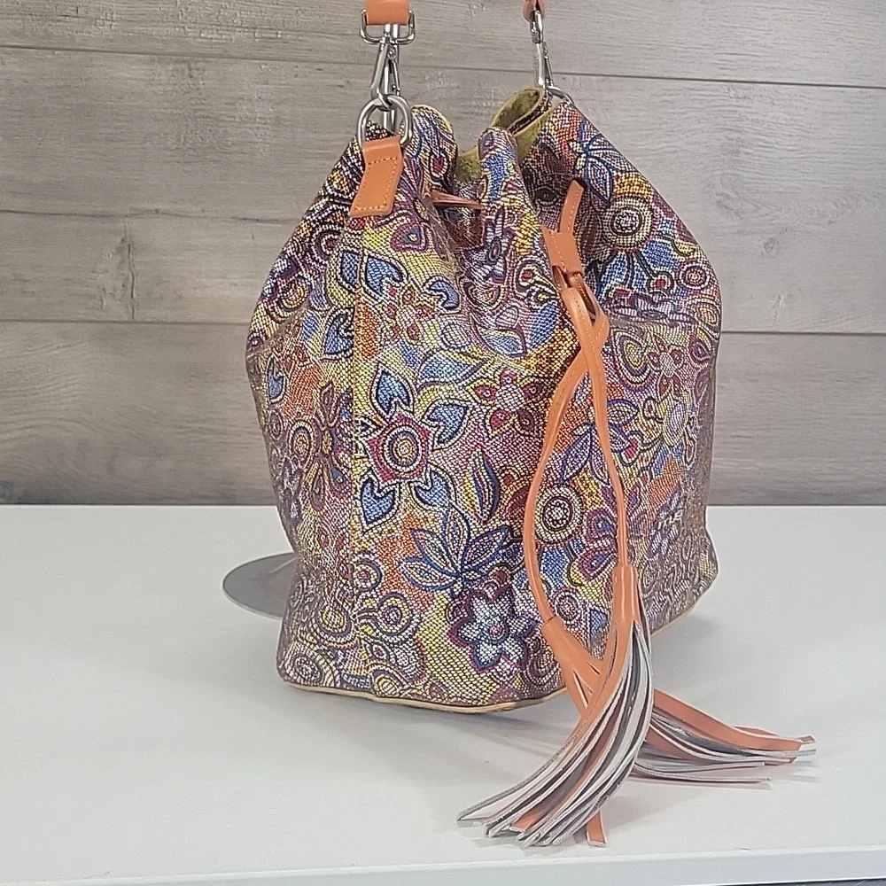 Innue Multicolor Floral Leather Drawstring Bucket Bag with Orange Trim